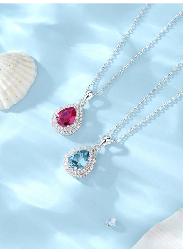 Silver Zircon Inlay Water Droplets Pendant Necklace
