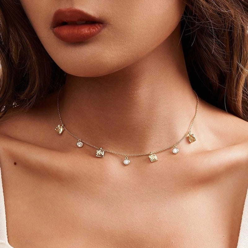 Silver Plated Zircon Polishing Plating Inlay Square Necklace