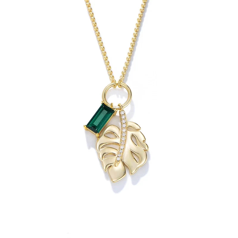 Silver Zircon Inlay Leaf Pendant Necklace