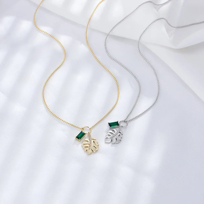 Silver Zircon Inlay Leaf Pendant Necklace