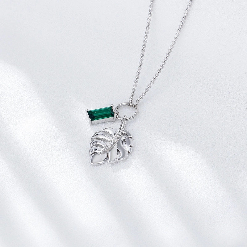 Silver Zircon Inlay Leaf Pendant Necklace