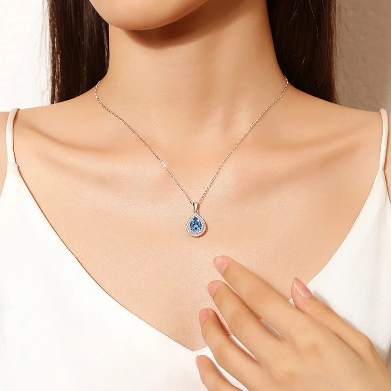 Silver Zircon Inlay Water Droplets Pendant Necklace